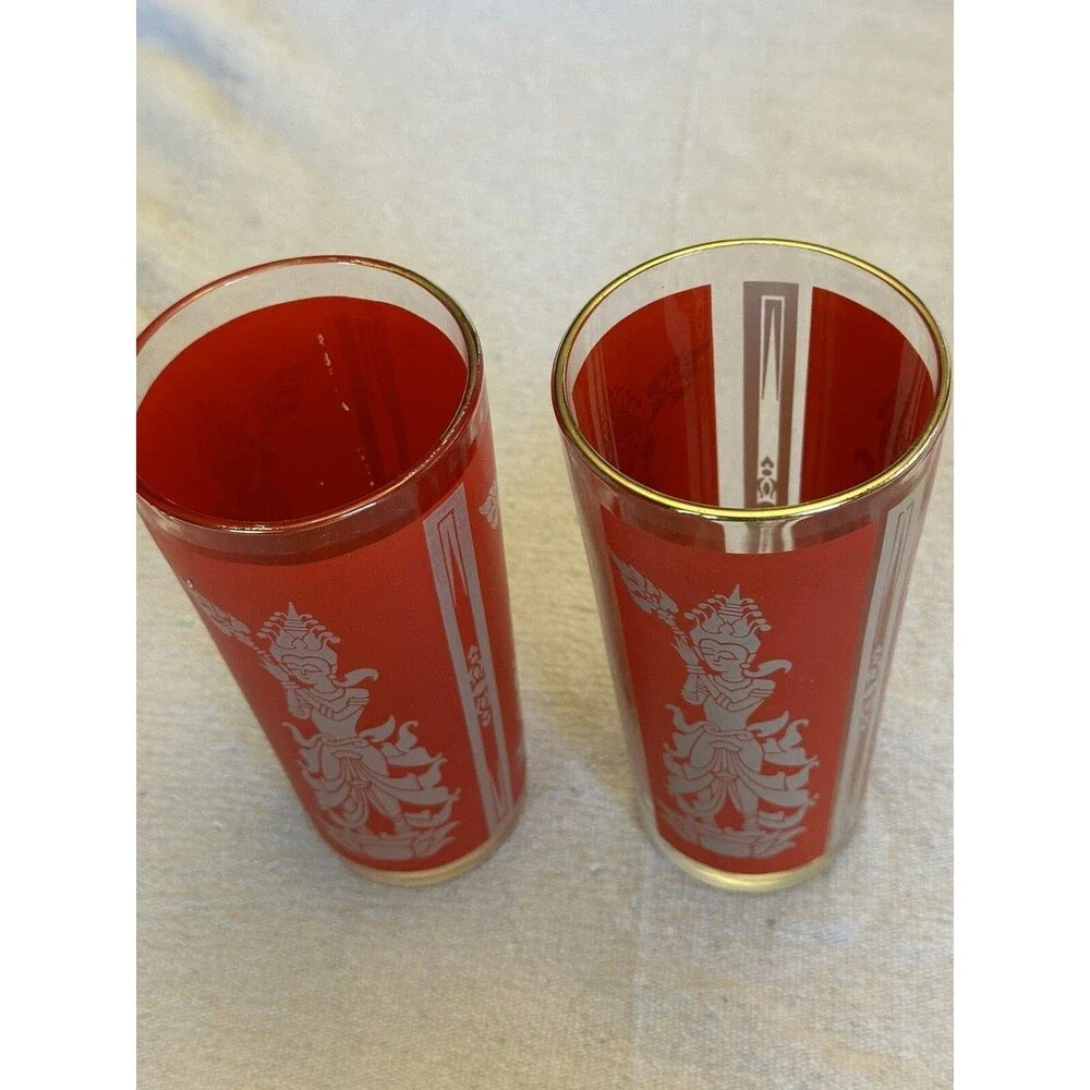 Set 2 VTG 1960 Mid Century Culver Red Gold Siam Thai Goddess Drinking Glasses